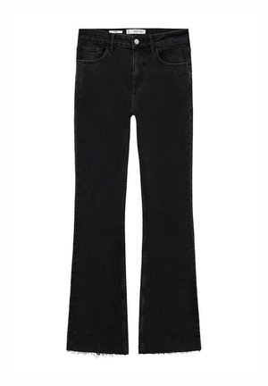 Sorte flared jeans lavet af denim, med høj talje, to forlommer, knaplukning og rå kant i bunden.