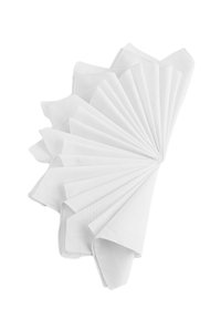 White cloth napkin arranged in a fan shape, featuring a subtle textured pattern and neatly folded edges, displayed on a white background.