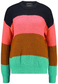 Pull en maille avec rayures horizontales en bleu marine, rose, marron et sarcelle. Texture côtelée avec col rond et manches longues.