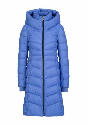 Blue puffer coat with a high collar, vertical stitch design, and zipper closure. Features long sleeves and a fitted silhouette.