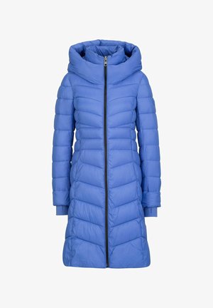 Blauer Pufferjacke mit hohem Kragen, senkrechtem Nähdesign und Reißverschluss. Sie hat lange Ärmel und eine taillierte Silhouette.