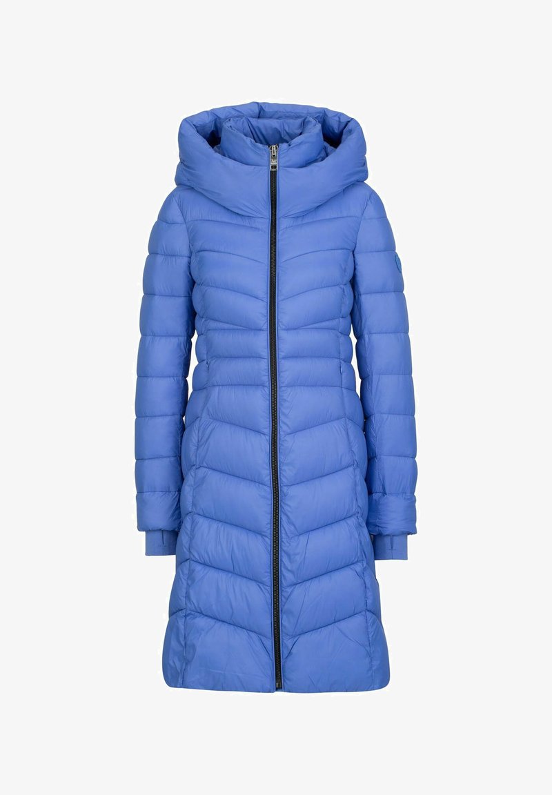 Blauer Pufferjacke mit hohem Kragen, senkrechtem Nähdesign und Reißverschluss. Sie hat lange Ärmel und eine taillierte Silhouette.