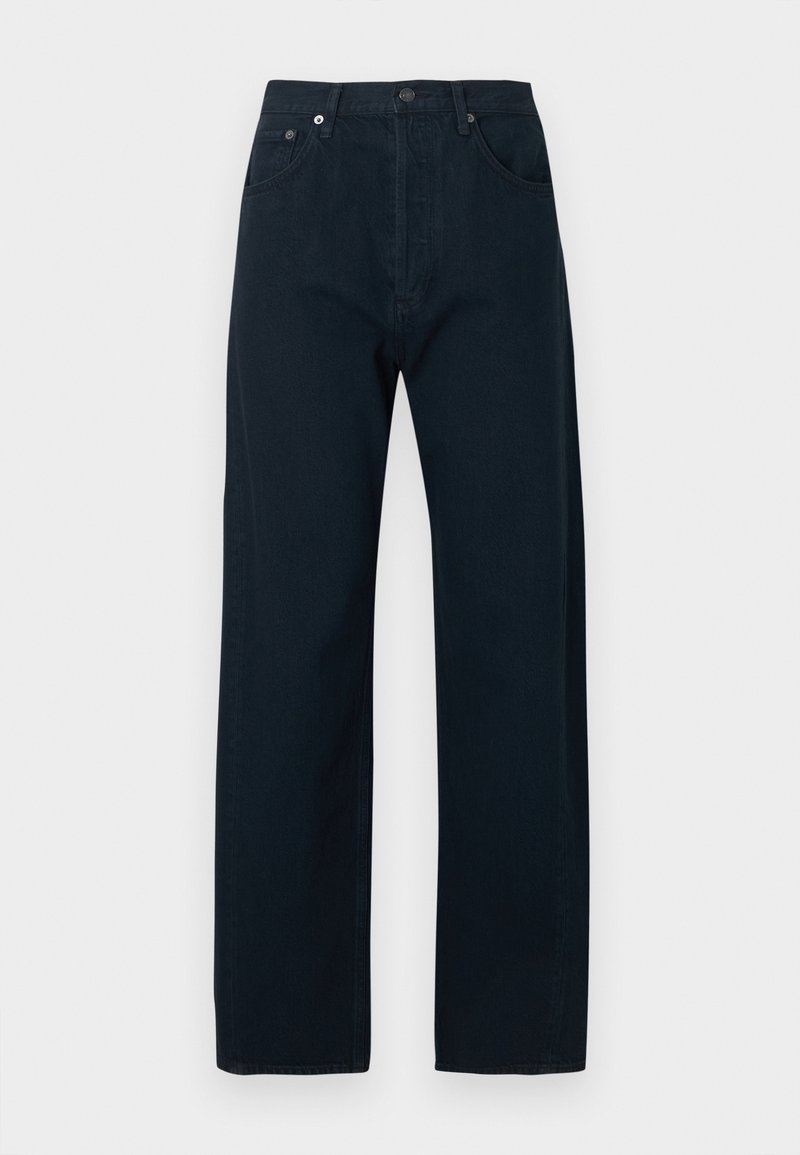 Jean en denim bleu foncé avec une coupe droite, fermeture par bouton et zip, deux poches avant et une texture lisse.