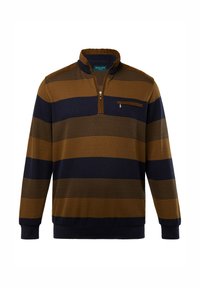Gestreifter Pullover in Braun und Marineblau mit halbem Reißverschlusskragen, featuring einer Brusttasche und gerippten Bündchen. Hergestellt aus einem weichen, strukturierten Stoff.