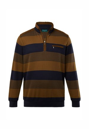 Hnědý a námořnický pruhovaný svetr s polovičním zipem, s náprsní kapsou a žebrovanými manžetami. Vyrobeno z měkké, strukturované tkaniny.
