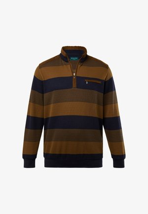 Hnědý a námořnický pruhovaný svetr s polovičním zipem, s náprsní kapsou a žebrovanými manžetami. Vyrobeno z měkké, strukturované tkaniny.