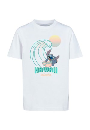 Valge puuvillane T-särk, millel on graafika tegelasest, kes surfab laine peal, koos tekstiga "HAWAII" ja "aloha" türkiissinise ja oranži värviga.