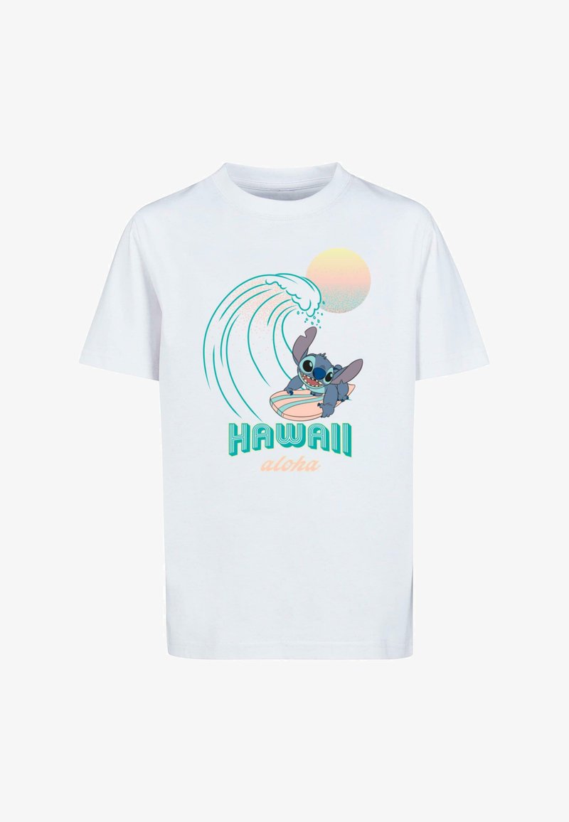 White cotton t-shirt featuring a graphic of a character surfing on a wave, with "HAWAII" and "aloha" text in turquoise and orange.