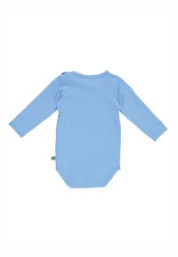Body a maniche lunghe blu chiaro realizzato in morbido cotone. Presenta un collo rotondo e bottoni sul fondo per una facile vestizione.