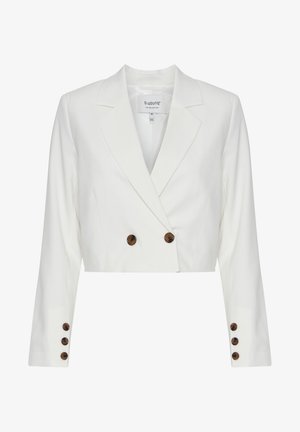 Lühendatud valge bleiser struktuurse disainiga, kus on kahekordse nööpide rivi pruuni nööpidega ja pikad varrukad nööpide aktsentidega. Sile tekstuur.