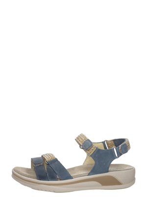 Blauwe en beige damessandaal met verstelbare klittenbandriemen, gevoerd voetbed en een licht verhoogde, gevormde zool voor comfort.