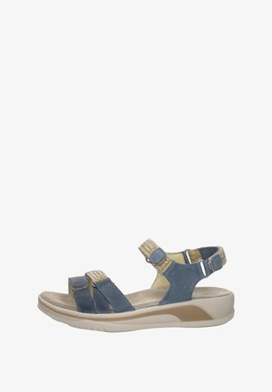 Blue and beige women's sandal with adjustable Velcro straps, cushioned footbed, and a slightly raised, contoured sole for comfort.