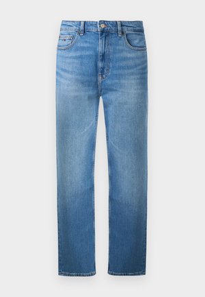 Blaue Jeans mit geradem Bein, fünf Taschen, Knopfverschluss, Gürtelschlaufen und dezentem Verblassen an Oberschenkeln und Knien.