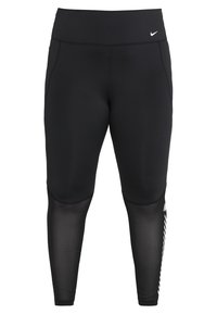 Leggings neri realizzati in tessuto elasticizzato, dotati di un alto punto vita, design elegante e logo Nike bianco sul lato sinistro.
