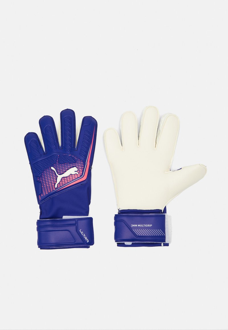 Keeperhandschoenen met een paarse synthetische buitenkant, een witte latex palm, gripversterkend textuur en een verstelbare polsband.