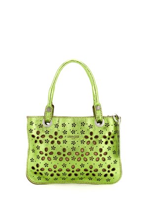 Borsa a mano in pelle verde con motivo floreale traforato, ferrature in tonalità argento, due manici e chiusura con cerniera. Superficie strutturata e forma definita.