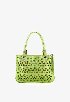 Borsa a mano in pelle verde con motivo floreale traforato, ferrature in tonalità argento, due manici e chiusura con cerniera. Superficie strutturata e forma definita.