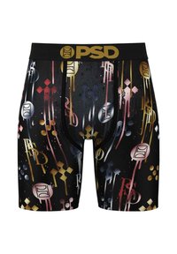 Boxeri negri, cu un model abstract colorat și accente aurii, realizati dintr-un material elastic potrivit pentru activități sportive.