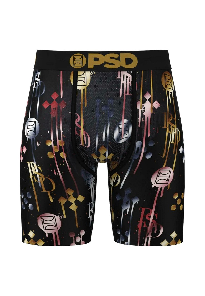 Boxeri negri, cu un model abstract colorat și accente aurii, realizati dintr-un material elastic potrivit pentru activități sportive.