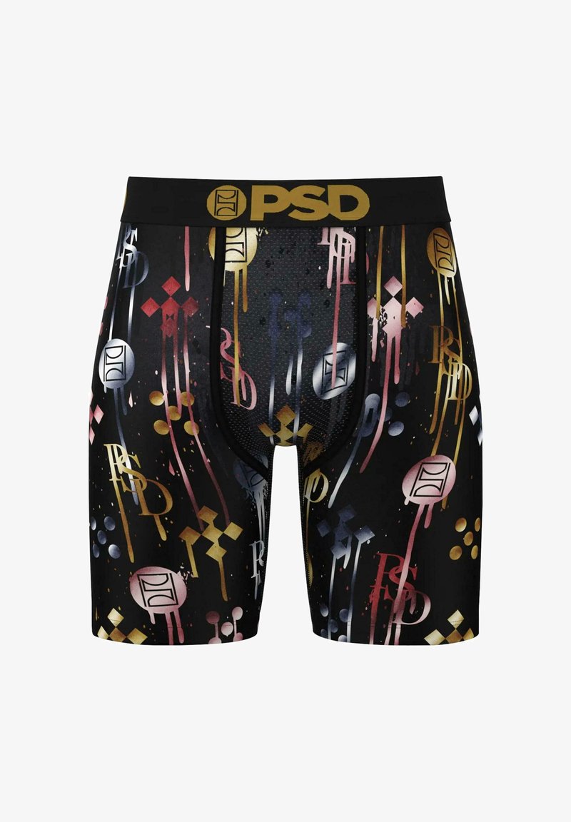 Boxer-culottes noires avec un motif abstrait coloré et des accents dorés, fabriqués à partir d'un matériau extensible adapté aux vêtements de sport.