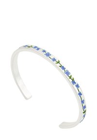 Silver cuff bracelet featuring a floral pattern of small blue flowers and green leaves, with a smooth, polished surface.