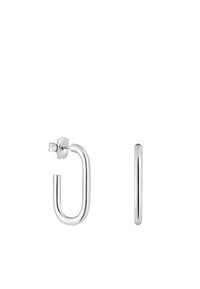 Orecchini a cerchio in argento con design a forma di U. Finitura lucida, profilo sottile e chiusura discreta visibile nella parte superiore.