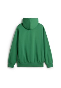 Green cotton hoodie with a soft texture, featuring a kangaroo pocket, ribbed cuffs, and hem, and a rounded hood design.
