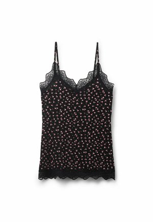 Camiseta negra con estampado floral en rosa. Presenta tirantes finos y detalles de encaje a lo largo del escote y el dobladillo. Material suave y ligero.