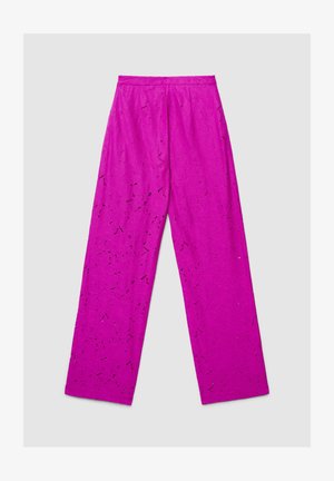 Fuschia wide-leg pants with a textured floral pattern, featuring a flat waistband and no visible closures, made from lightweight fabric.