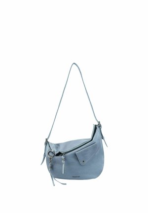 Sac bandoulière en cuir bleu clair avec poche avant à rabat, tirettes de fermeture éclair décoratives et sangle réglable.