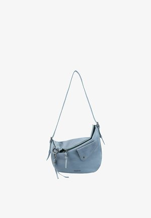Sac bandoulière en cuir bleu clair avec poche avant à rabat, tirettes de fermeture éclair décoratives et sangle réglable.