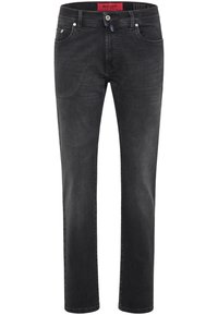 Jeans in denim nero con taglio dritto, cinque tasche e chiusura con bottone frontale. Caratterizzati da una leggera texture sbiadita e un'etichetta con marchio sulla vita.