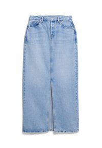 Lichtblauwe denim rok met een voorpijp, hoge taille en standaard knoopsluiting. Voorzien van riemlussen en zijzakken. Glad textuur.