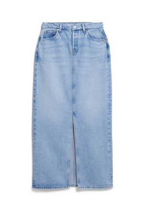 Light blue denim skirt with a front slit, high waist, and standard button closure. Features belt loops and side pockets. Smooth texture.