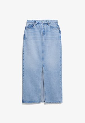 Light blue denim skirt with a front slit, high waist, and standard button closure. Features belt loops and side pockets. Smooth texture.