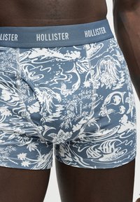 Boxers pour hommes à motifs bleus et blancs avec des dessins floraux et abstraits, ceinture grise avec la mention « HOLLISTER » répétée en blanc.