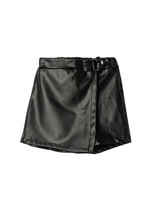 Gonna in eco-pelle nera con vita elastica, design a vestibilità avvolgente sul davanti e dettaglio con cintura. Texture liscia con una leggera finitura lucida.