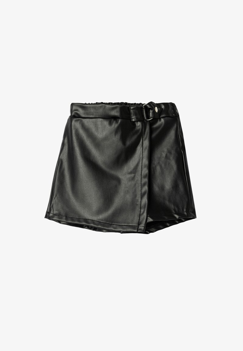 Black faux leather skirt with an elastic waist, front wrap design, and a belt detail. Smooth texture with a slightly shiny finish.