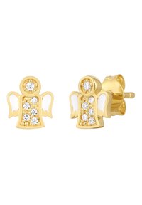 Gold-tone earrings shaped like angels, featuring white enamel wings and clear rhinestones as accents on the body. Clip-on style.