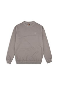 Sudadera gris de mezcla de algodón, con cuello redondo, puños de canalé y un pequeño logo de elefante en el pecho. Textura suave.
