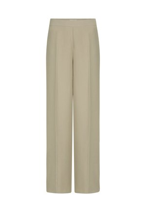 Beige wijde broek met een gladde textuur, plooidetails en een tailleband. Gemaakt van lichtgewicht stof voor comfort en ademend vermogen.