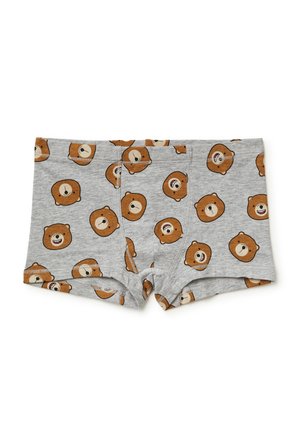 Szare bokserki wykonane z miękkiego materiału, z powtarzającym się wzorem cartoonowych twarzy niedźwiedzi w kolorze brązowym, przedstawiających różne wyrazy emocji.