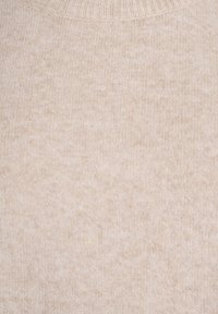 Beige knit sweater featuring a textured surface and a ribbed crew neck. The fabric appears soft and has a subtle, consistent pattern.