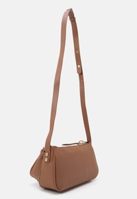 Brown leather shoulder bag with a textured finish, zip closure, and gold-tone hardware. Features a long adjustable strap and a structured shape.