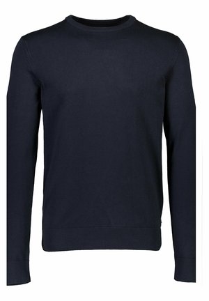 Marineblå strikket sweater lavet af blødt materiale, med rund halsudskæring, lange ærmer og ribstrikkede manchetter og kant. Simpelt design uden udsmykninger.