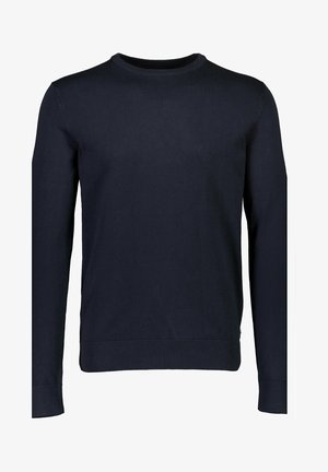 Marineblaues Strickpullover aus weichem Material, mit Rundhalsausschnitt, langen Ärmeln und gerippten Bündchen und Saum. Einfaches Design ohne Verzierungen.