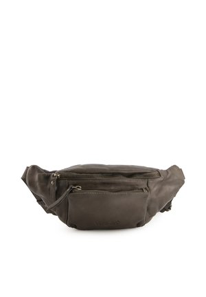 Dunkelgraue Lederbauchtasche mit runder Form, einer mit Reißverschluss versehenen Vordertasche und verstellbarem Tragegurt. Minimale Nähte und geprägtes Logodetail.