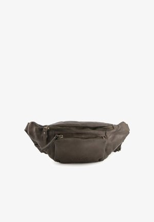 Dunkelgraue Lederbauchtasche mit runder Form, einer mit Reißverschluss versehenen Vordertasche und verstellbarem Tragegurt. Minimale Nähte und geprägtes Logodetail.