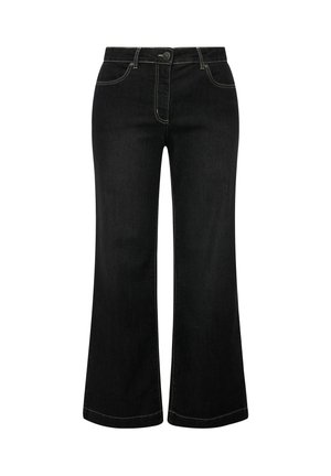 Black denim flared jeans with a high waist, front pockets, contrast stitching, and a classic button and zipper closure.