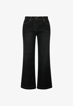Schwarze, ausgestellt geschnittene Jeans aus Denim mit hoher Taille, Fronttaschen, Kontrastnähten und einem klassischen Knopf- und Reißverschluss.